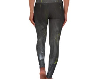 Leggings de yoga de talle alto con estampado abstracto de pinceladas negras y lima.