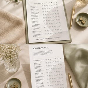 Puede incluir: Una lista de verificación de cocina profesional impresa en papel blanco, sujeta en un portapapeles verde salvia con un clip dorado. El documento presenta texto negro, una cuadrícula de seguimiento semanal y el texto: HAVE A SAFE AND PRODUCTIVE SHIFT!