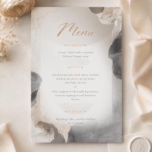 Puede incluir: Una tarjeta de menú rectangular con fondo blanco y detalles abstractos en acuarela gris y beige. El texto dice Menu, Starter, Ceasar salad with croutons, Lobster bisque soup, Main, Chicken marsala, Filet mignon y Dessert.