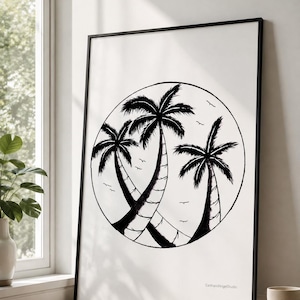 Palm Tree Silhouette Art Print, Tropical Coastal Wall Decor, Black and White Physical Poster