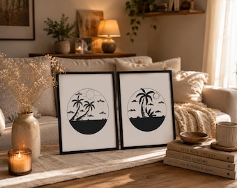 Originele handgetekende palmboomtekeningen, set van 2, unieke minimalistische zwart-wit muurdecoratie, A4-formaat, origineel kunstwerk, gesigneerd door de kunstenaar.