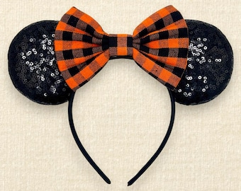 Pumpkin Plaid Mouse Ears | Halloween Mouse Ears Headband | Handmade Fall Theme Park Ears