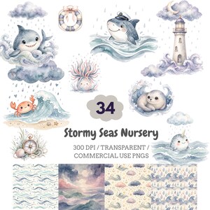 May include: A digital collection of 34 watercolour illustrations titled Stormy Seas Nursery, featuring sharks, a crab, a seal, a narwhal, a lighthouse, a lifebuoy, and a compass, alongside four seamless patterns with waves, clouds, and anchors.