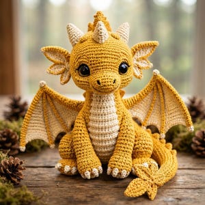 May include: A mustard yellow crochet dragon plush toy featuring large black eyes, cream-colored horns, a cream-colored belly, and detailed wings. The creature has a long tail with a leaf-shaped tip and small cream-colored claws on its feet.