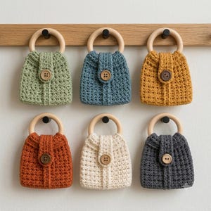 May include: Six small crocheted pouches in sage green, dusty blue, mustard yellow, burnt orange, cream, and charcoal gray. Each pouch features a round wooden handle and a central flap secured with a single brown wooden button.