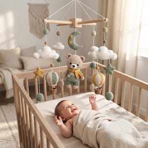 Könnte beinhalten: Ein Baby-Mobile mit einem zentralen gehäkelten Teddybären in gelbem Schal und grüner Latzhose, umgeben von gehäkelten Wolken, Sternen, einer Mondsichel und zwei Heißluftballons in den Farben Salbeigrün, Gelb und Weiß.