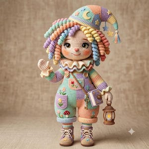 May include: A crocheted doll with pastel-colored curly hair wearing a matching hat with moon and star charms. The doll wears pastel overalls with floral embroidery, a ruffled collar, and lace-up boots, while holding a small book and a brown lantern.