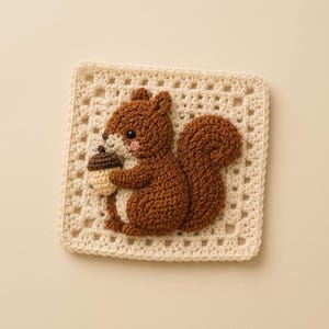 May include: A square crochet granny square in cream yarn featuring a three-dimensional brown squirrel appliqué. The squirrel has a dark brown tail, a light cream belly, and is holding a small tan acorn with a dark brown cap in its front paws.