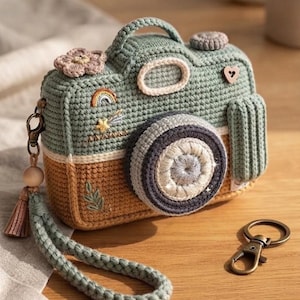 May include: A sage green and tan crocheted camera-shaped pouch featuring a central circular lens, a top handle, and a wrist strap with a wooden bead and tassel. The front is decorated with embroidered motifs including a rainbow, star, and flower.