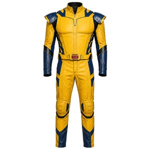 May include: A full-body yellow and blue jumpsuit featuring a high collar, structured shoulder pads, and black accents. The garment includes a central zipper, a waist belt with a red X emblem, and reinforced knee padding for a tactical appearance.