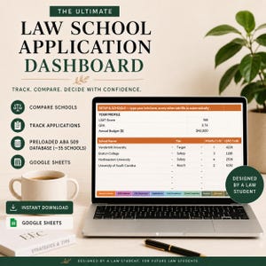 May include: A digital law school application dashboard displayed on a laptop screen. The interface features tabs for setup, schools, and cost comparison. Text includes THE ULTIMATE LAW SCHOOL APPLICATION DASHBOARD and TRACK. COMPARE. DECIDE WITH CONFIDENCE.