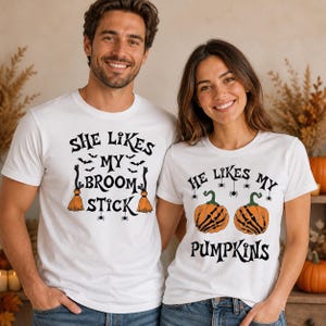 Funny Halloween Couple Shirts, He Likes My Pumpkins and She Likes My Broomstick