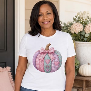 Coquette Patchwork Pumpkin PNG | Pink Floral Quilted Fall T-Shirt Design (Digital Download)