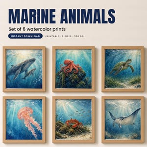 Marine Animals Watercolor Set of 6, Ocean Wall Art Prints, Whale Octopus Turtle Jellyfish Crab Manta Ray, Coastal Decor, Printable