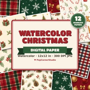 Peut inclure: Une collection de 12 papiers numériques sans couture avec des motifs de Noël à l'aquarelle incluant tartan, flocons, bonshommes en pain d'épice, sucres d'orge, houx et boules. Le texte central indique WATERCOLOR CHRISTMAS DIGITAL PAPER 12x12 in 300 DPI JPG.