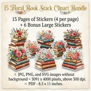 15 Floral Book Stack Clipart Bundle