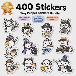 Può includere: Un pacchetto digitale di 400 adesivi di piccole marionette con vari personaggi in costume come pirata, mago, sirena e contadino. L'immagine include il testo 400 Stickers, Tiny Puppet Stickers Bundle, 2000 x 2000 PX, 235 DPI, 4 FILES: PNG & SVG e Printable & Cut Ready.