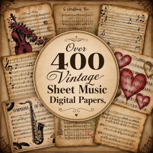 May include: A collection of vintage-style digital papers featuring sheet music backgrounds, a violin with red roses, a saxophone, and red hearts. A central circular label displays the text Over 400 Vintage Sheet Music Digital Papers.