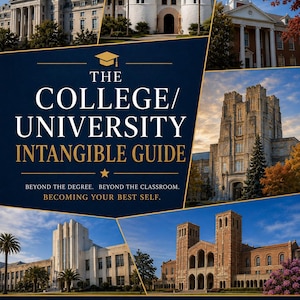 May include: A dark blue informational guide titled THE COLLEGE/UNIVERSITY INTANGIBLE GUIDE, featuring a collage of various campus buildings, a graduation cap icon, and four bottom icons labelled Growth Mindset, Experience, Character, and Purpose.