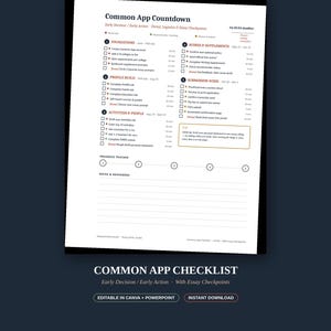 May include: A white document titled Rising Senior Toolkit and Common App Countdown featuring a structured checklist for college applications. It includes five numbered sections, a progress tracker, and a notes section with black text on a white background.