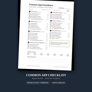May include: A white document titled Rising Senior Toolkit and Common App Countdown featuring a seven-step checklist for college applications. The page includes sections for foundations, profile building, activities, scores, supplements, and submission.