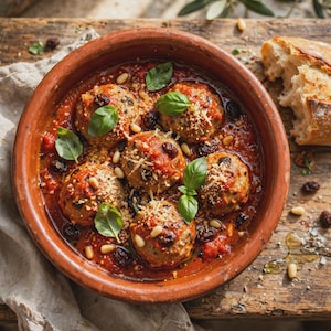 May include: A round terracotta bowl filled with six cooked meatballs in a vibrant red tomato sauce, garnished with fresh green basil leaves, scattered pine nuts, dark raisins, and a light dusting of grated cheese, served with a piece of crusty bread.