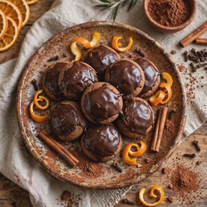 May include: A collection of round chocolate-glazed cookies arranged on a speckled brown ceramic plate, garnished with fresh orange peels, whole cinnamon sticks, and scattered cloves, with a small bowl of cocoa powder nearby.