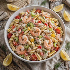 Op de afbeelding: Een kom pastasalade met fusilli, roze garnalen, stukjes wit krabvlees, blokjes rode en gele paprika, gehalveerde cherrytomaatjes en gehakte groene bleekselderij, alles gemengd in een romige dressing met verse groene kruiden.