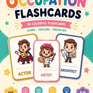 May include: A set of 50 Occupation Flashcards for ages 3-7, featuring colorful illustrations of an actor, artist, and architect. The packaging includes the text "OCCUPATION FLASHCARDS," "LEARN EXPLORE DREAM BIG," and icons for early learning, visual recognition, language development, and vocabulary building.