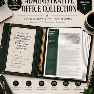May include: A premium resume bundle titled Administrative Office Collection featuring six professionally written resumes. The binder displays a document designed for administrative professionals, listing features like ATS friendly and fully editable.
