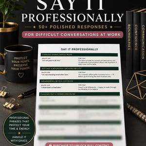 Könnte beinhalten: Ein digitales Dokument mit dem Titel Say It Professionally, das über 50 professionelle Antworten für schwierige Gespräche am Arbeitsplatz enthält. Die Seite umfasst Abschnitte zum Ablehnen unbezahlter Arbeit und zum Setzen von Grenzen.