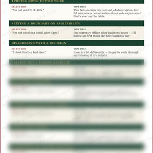 May include: A professional communication guide titled Say It Professionally with dark green headers. It lists phrases to delete and replace for turning down unpaid work, setting availability boundaries, and disagreeing with decisions, ending with a button.