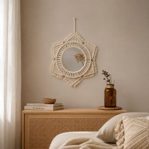 Boho Macrame Wall Mirror, Round Hanging Decor, Woven Home Accent, Bedroom Decoration, Living Room Style, Nursery Gift