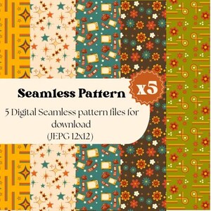 May include: Five digital seamless pattern files featuring retro designs including yellow geometric shapes, cream starbursts, teal vintage televisions, brown floral motifs, and green abstract lines with the text Seamless Pattern 5 Digital Seamless pattern files for download (JEPG 12x12).