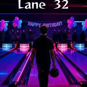 May include: A person stands in a bowling alley holding a black ball, facing a lane with glowing purple and blue lights. A banner reads "HAPPY BIRTHDAY!" with "Lane 32" above it. Text at the top says "40KProject pressents..." and a yellow star icon says "40K".