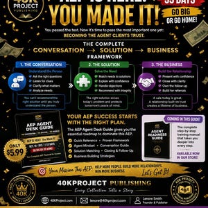 May include: A black informational flyer titled AEP IS HERE! YOU MADE IT! featuring gold text, confetti, and a three-part framework for business success. It includes images of two guidebooks, contact details, and bulleted lists on a dark background.