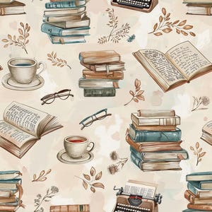May include: A seamless pattern featuring stacks of books, open books with visible text, ceramic coffee cups on saucers, pairs of spectacles, and vintage typewriters. The design includes small brown leafy sprigs on a light beige watercolour background.