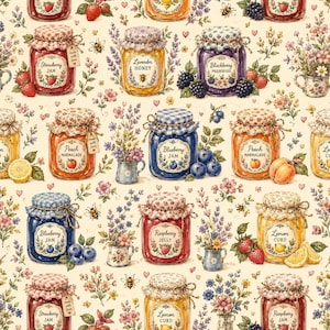 Peut inclure: Un motif répétitif représentant des bocaux en verre de confiture, marmelade, miel et crème avec des couvercles en tissu. Les bocaux sont étiquetés Strawberry Jam, Lavender Honey, Blackberry Preserves, Peach Marmalade, Blueberry Jam, Raspberry Jelly et Lemon Curd.