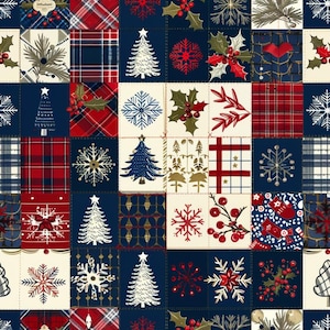 Könnte beinhalten: Ein Stoffmuster mit einem Raster aus Quadraten mit verschiedenen weihnachtlichen Motiven, darunter weiße Weihnachtsbäume, rote und blaue Schneeflocken, grüne Stechpalmenblätter mit roten Beeren sowie rot-weiß-blaue Karomuster auf dunkelblauem Grund.