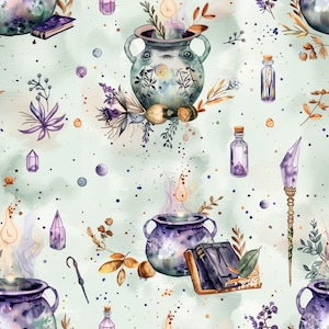 May include: A seamless pattern featuring watercolor illustrations of cauldrons emitting smoke, purple crystals, glass potion bottles with cork stoppers, leather-bound books, and botanical sprigs on a pale mint green background with dark speckles.
