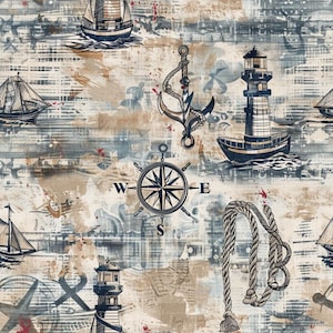 Könnte beinhalten: Ein Stoffmuster mit nautischen Illustrationen, darunter Segelboote, ein Leuchtturm, ein Schiffsanker, eine Kompassrose mit den Buchstaben W und E sowie ein gedrehtes Seil. Das Design verwendet eine Farbpalette aus Marineblau, Beige und Weiß.