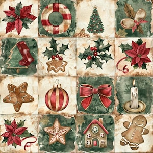 Peut inclure: Une grille de seize carreaux carrés présentant des illustrations de Noël, notamment des poinsettias rouges, une couronne rayée, un sapin décoré, du houx, une chaussette rouge, des biscuits en pain d'épice, une boule et un nœud rouge.