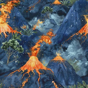 Peut inclure: Un motif de tissu représentant un paysage volcanique bleu foncé avec plusieurs volcans en éruption. De la lave orange et jaune vif coule sur les pentes sombres des montagnes, parsemées d'arbres et de feuillages tropicaux sous un ciel étoilé.