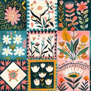 May include: A grid of nine square panels featuring diverse floral illustrations. The artwork displays various flowers in shades of pink, white, orange, and yellow against backgrounds of dark teal, light blue, and soft pink with decorative borders.