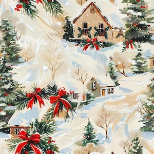 Könnte beinhalten: Ein sich wiederholendes Muster mit einer verschneiten Winterlandschaft, beigen Häusern, immergrünen Bäumen und kahlen Ästen. Die Szene ist mit leuchtend roten Schleifen und roten Beerenclustern verziert, alles in einem malerischen Stil auf cremefarbenem Grund.