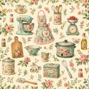 Può includere: Un motivo con articoli da cucina decorati con motivi floreali, tra cui un'impastatrice, un grembiule, una bilancia, una pentola a cottura lenta, un barattolo per farina, una scatola per ricette, misurini, una frusta, uno scolapasta e tazze.