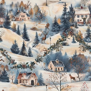 Peut inclure: Un motif répétitif représentant un paysage hivernal avec des maisons enneigées, des conifères et des cerfs. La scène comprend des guirlandes décoratives avec des baies, des arbres dénudés et des réverbères sur un fond neigeux clair.