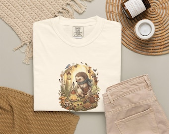 Campfire Hedgehog, Slow Evenings Shirt | Cozy Cottagecore Graphic Tee | Cozy Gift | Little Woodland Stories No. 07 | Soft Places Press