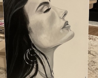 Hand-Painted Black and White Woman’s Face Portrait, Original Acrylic Canvas Art, Modern Minimalist Wall Decor