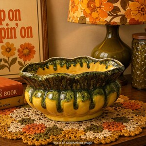 May include: A ceramic bowl with a scalloped rim, featuring a bright yellow base glaze and a dark green drip glaze pattern cascading from the top edge. The bowl has a rounded, ribbed body and sits on a flat base, showcasing a glossy finish.